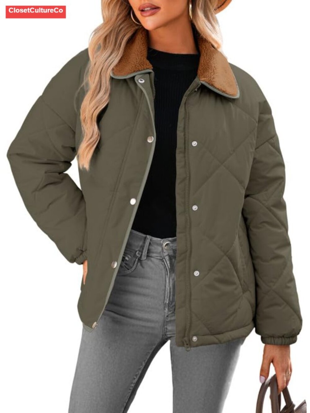 Quilted Puffer Jacket Snap Front Loose Fit Winter Coat